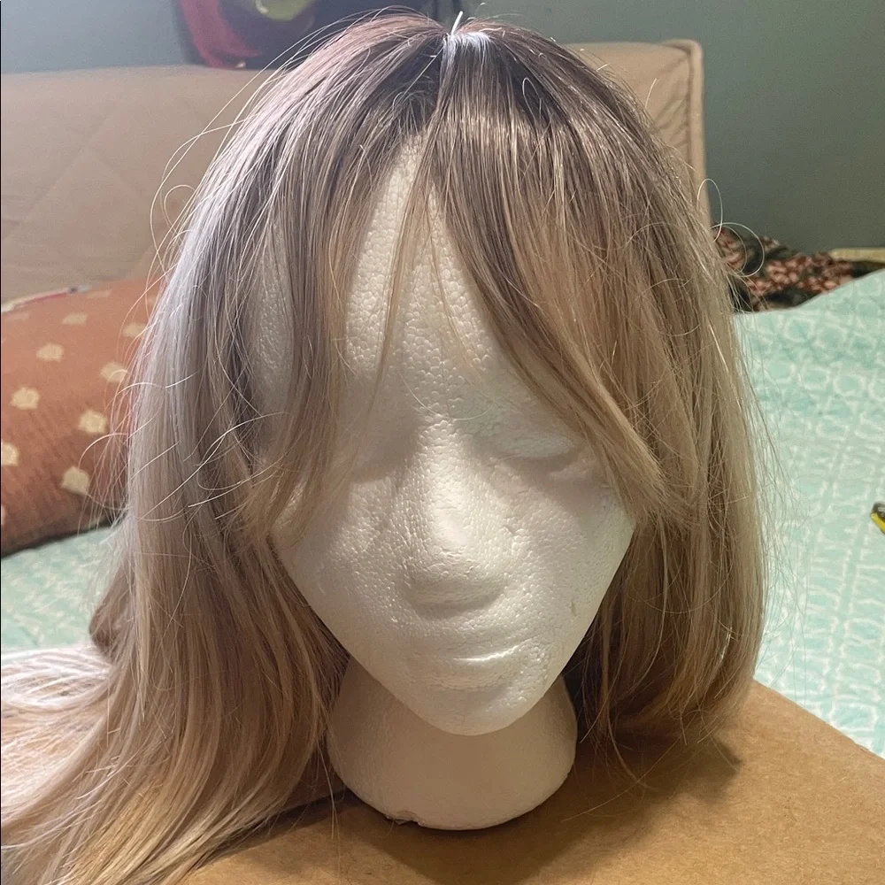 rooted, platinum, blonde, honey, blonde and brown synthetic wig